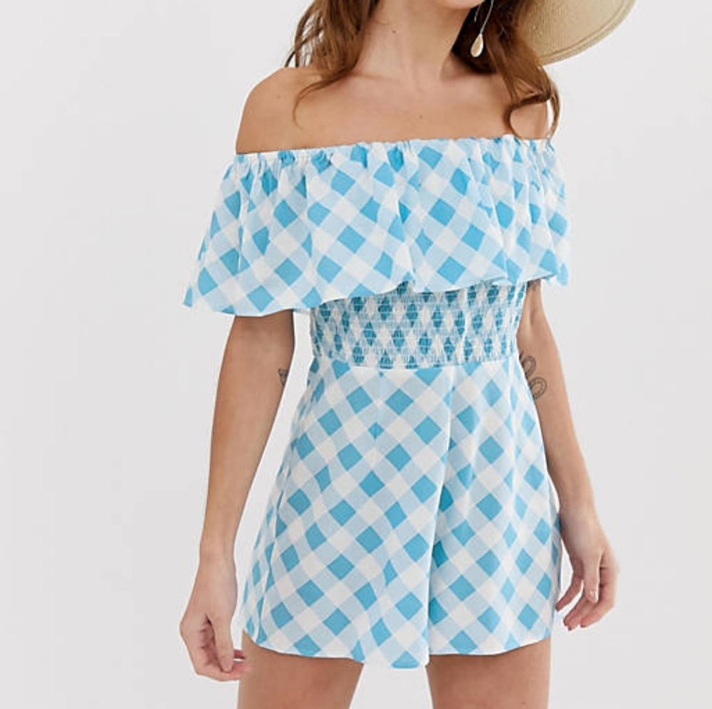 Asos blue white gingham plaid off shoulder Bardot coquette ruffle romper 2 XS